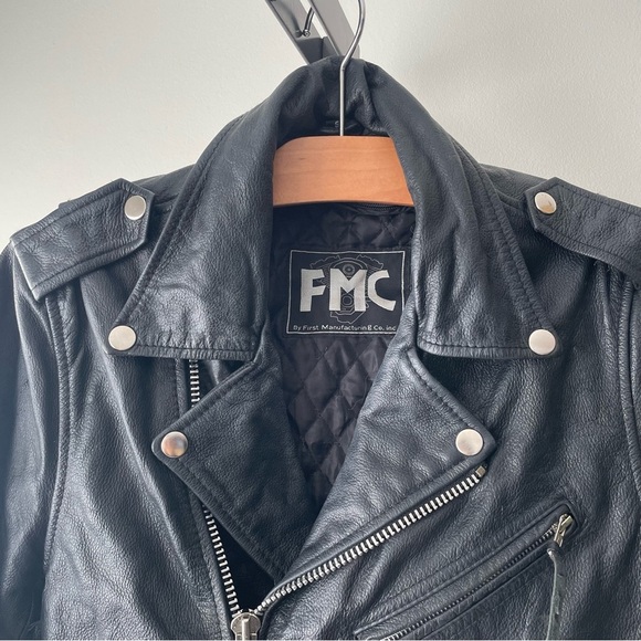 Vintage FMC Genuine 100% Leather Biker Moto Jacket 90s Black Womens Small - Picture 10 of 16
